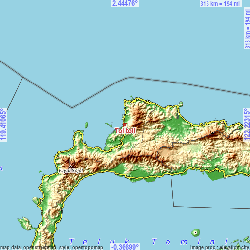 Topographic map of Tolitoli