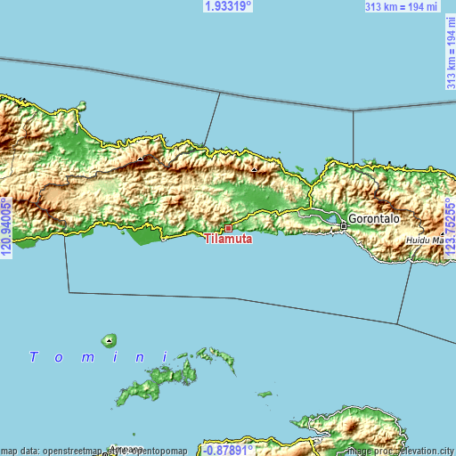 Topographic map of Tilamuta