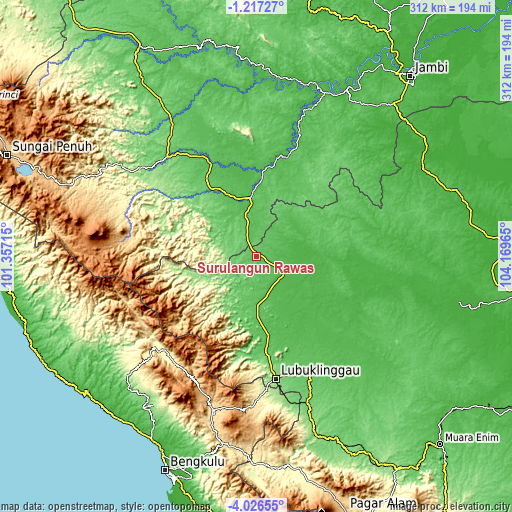 Topographic map of Surulangun Rawas