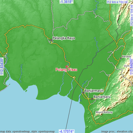 Topographic map of Pulang Pisau