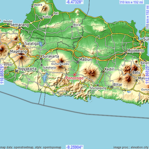 Topographic map of Ponorogo