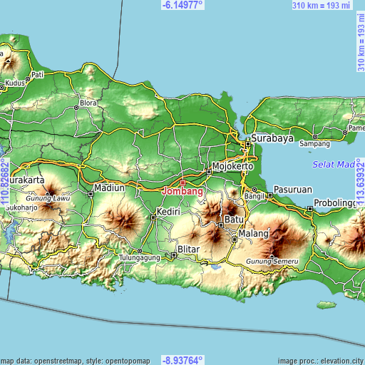 Topographic map of Jombang