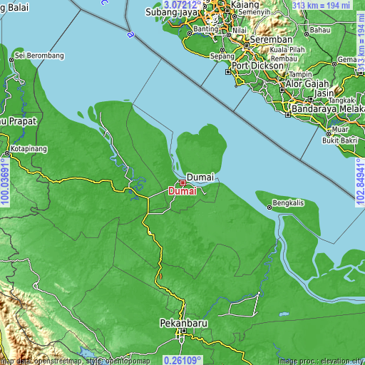 Topographic map of Dumai