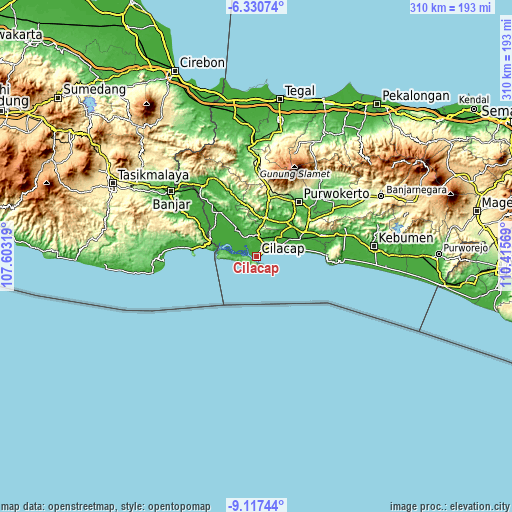 Topographic map of Cilacap