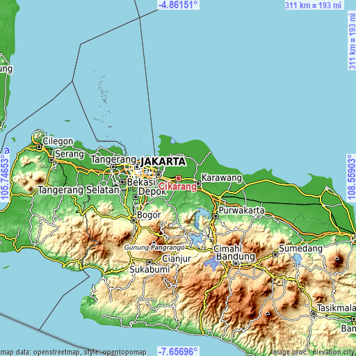 Topographic map of Cikarang