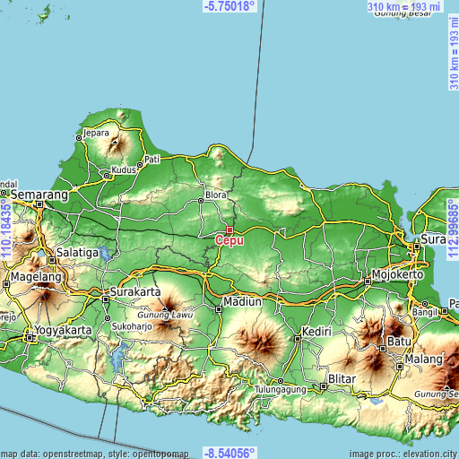 Topographic map of Cepu