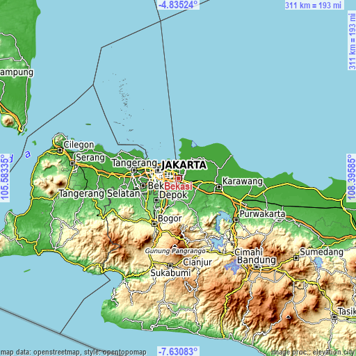 Topographic map of Bekasi