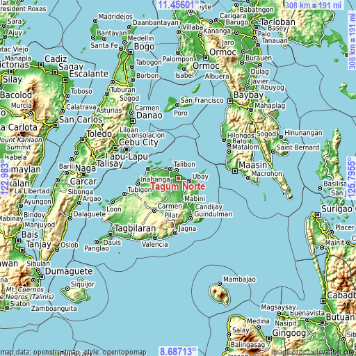 Topographic map of Tagum Norte