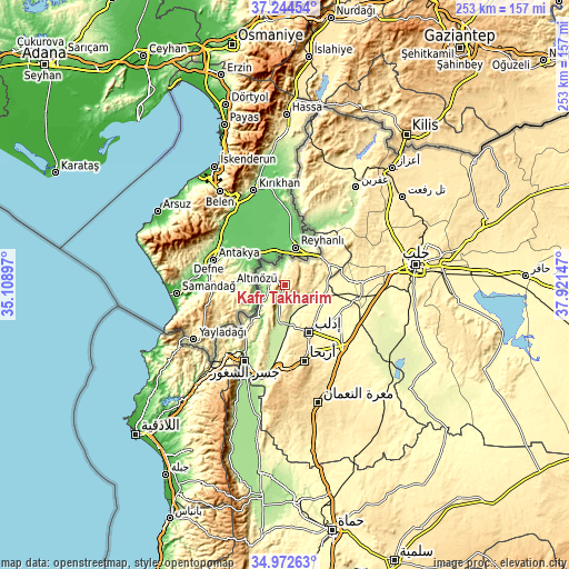Topographic map of Kafr Takhārīm