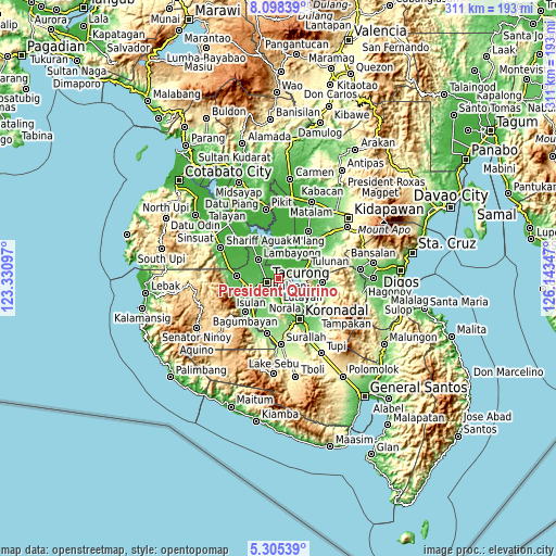 Topographic map of President Quirino