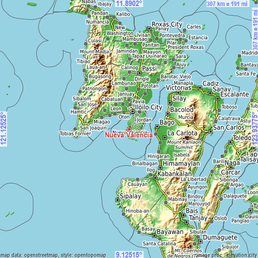 Topographic map of Nueva Valencia