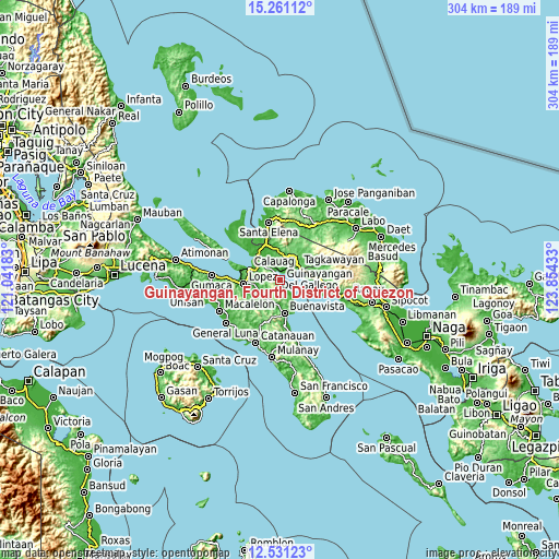 Topographic map of Guinayangan, Fourth District of Quezon