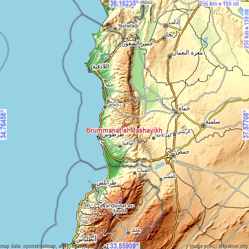 Topographic map of Brummānat al Mashāyikh