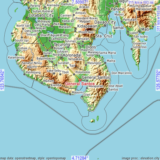 Topographic map of General Santos