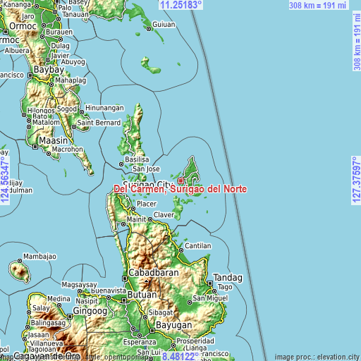 Topographic map of Del Carmen, Surigao del Norte