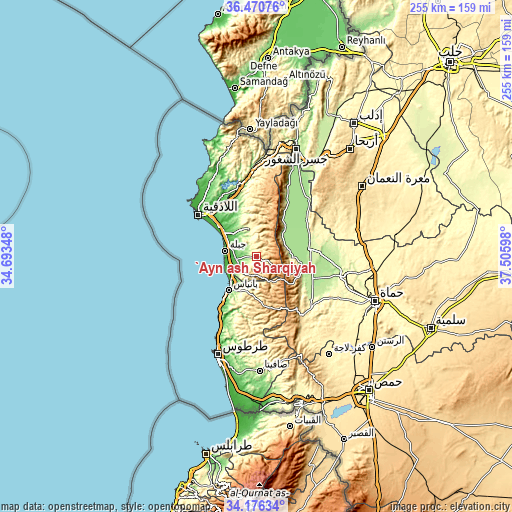 Topographic map of ‘Ayn ash Sharqīyah