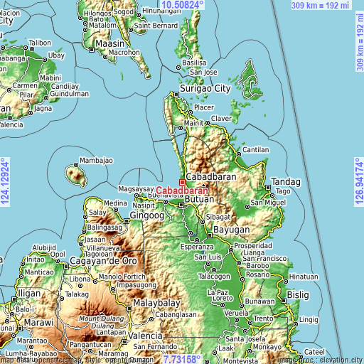 Topographic map of Cabadbaran