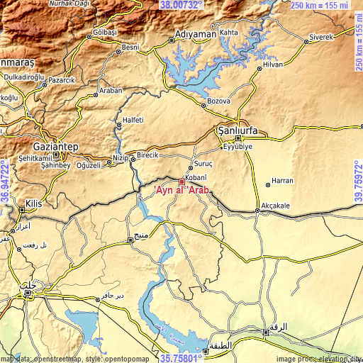 Topographic map of ‘Ayn al ‘Arab