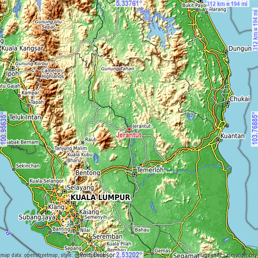 Topographic map of Jerantut