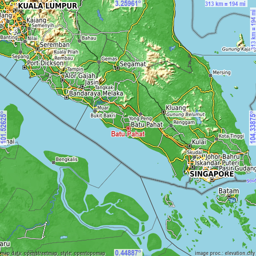 Topographic map of Batu Pahat