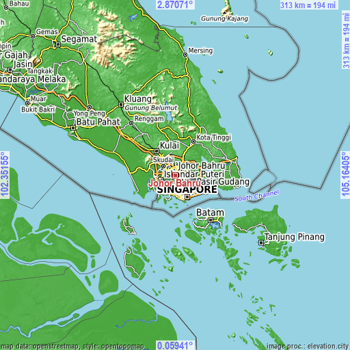 Topographic map of Johor Bahru