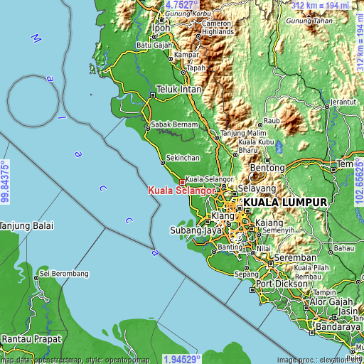 Topographic map of Kuala Selangor