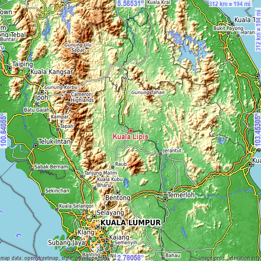 Topographic map of Kuala Lipis