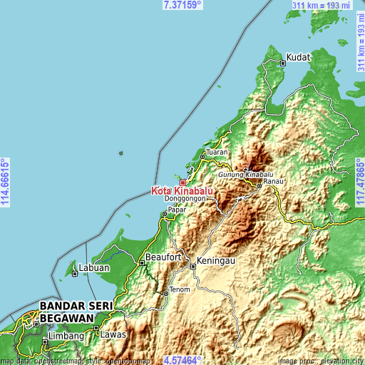 Topographic map of Kota Kinabalu