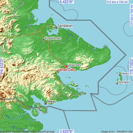 Topographic map of Lahad Datu
