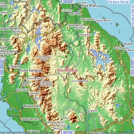 Topographic map of Gua Musang