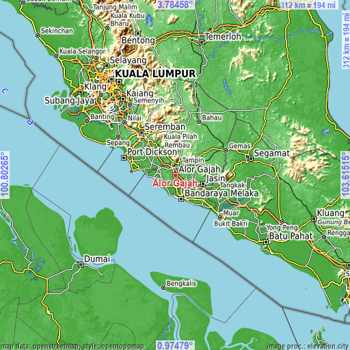 Topographic map of Alor Gajah