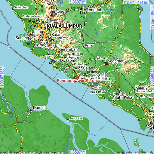 Topographic map of Kampung Ayer Keroh