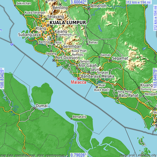 Topographic map of Malacca
