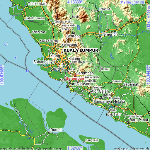 Topographic map of Seremban