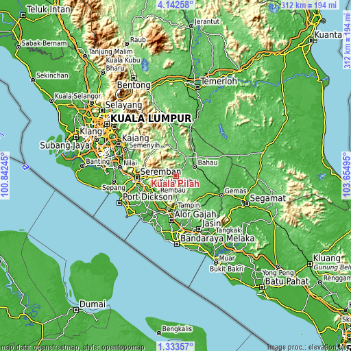 Topographic map of Kuala Pilah
