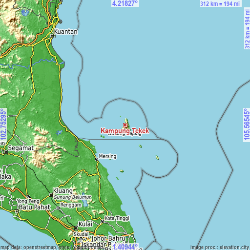 Topographic map of Kampung Tekek