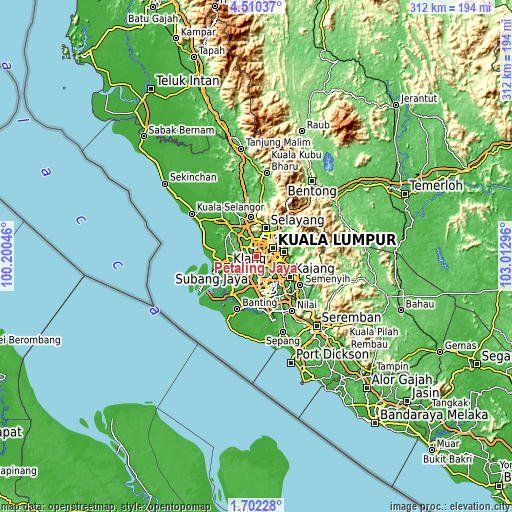 Topographic map of Petaling Jaya