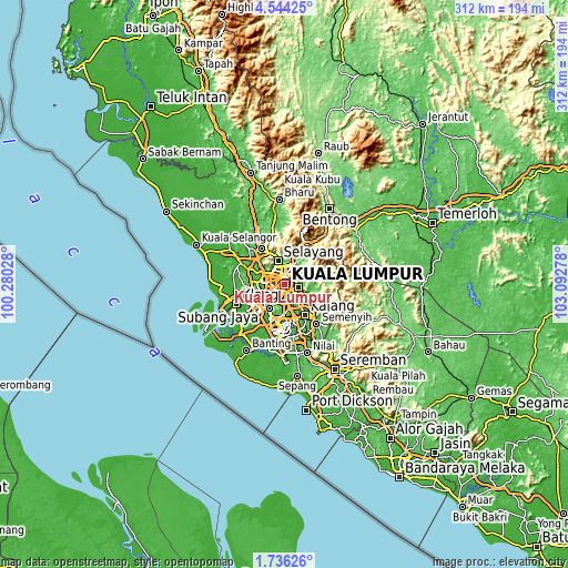 Topographic map of Kuala Lumpur