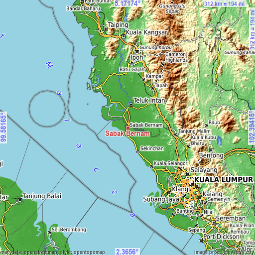 Topographic map of Sabak Bernam