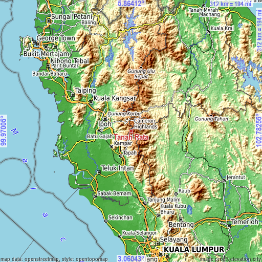 Topographic map of Tanah Rata