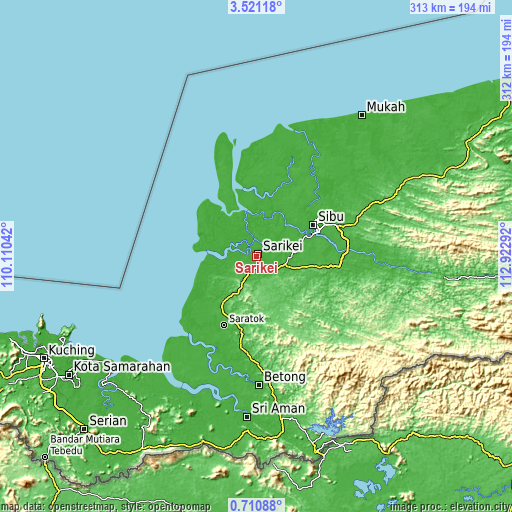Topographic map of Sarikei