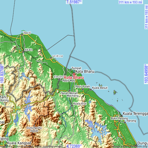 Topographic map of Kota Bharu