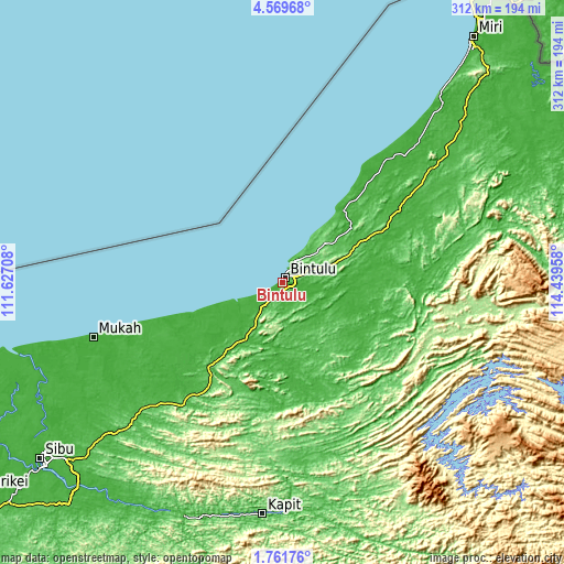 Topographic map of Bintulu