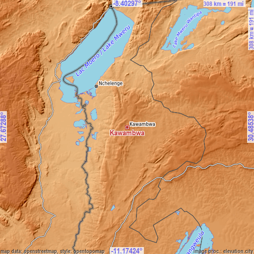 Topographic map of Kawambwa