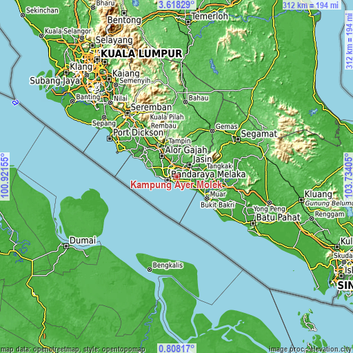Topographic map of Kampung Ayer Molek