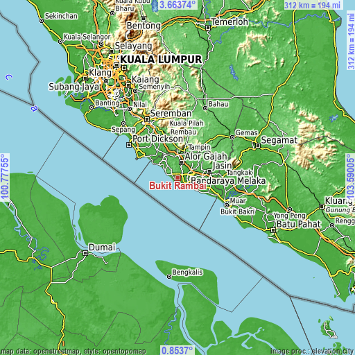 Topographic map of Bukit Rambai