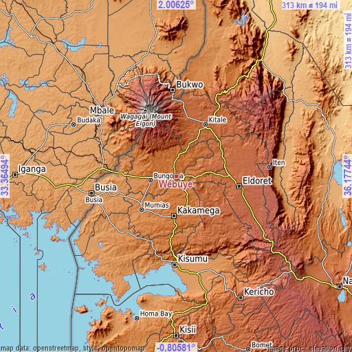 Topographic map of Webuye