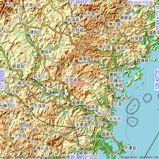 Topographic map of Zhuoyang