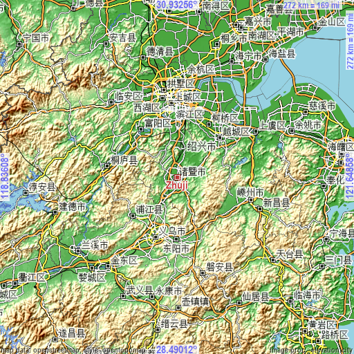 Topographic map of Zhuji