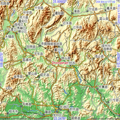 Topographic map of Zhongshan